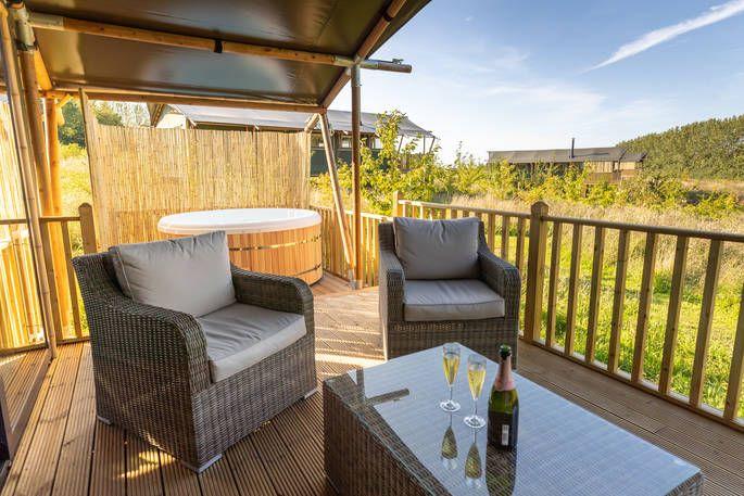 Hawker cabin decking with tot tub and outdoor seating 