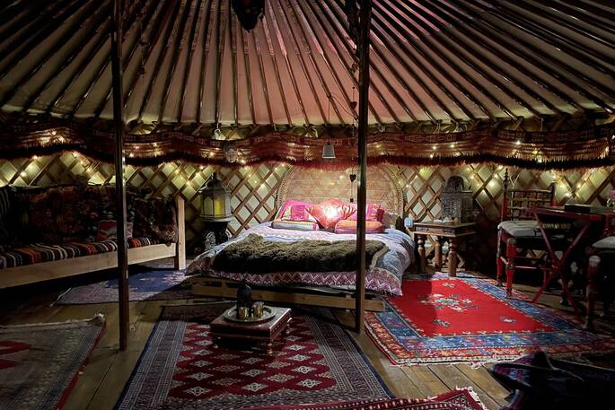 Yurt interior at night