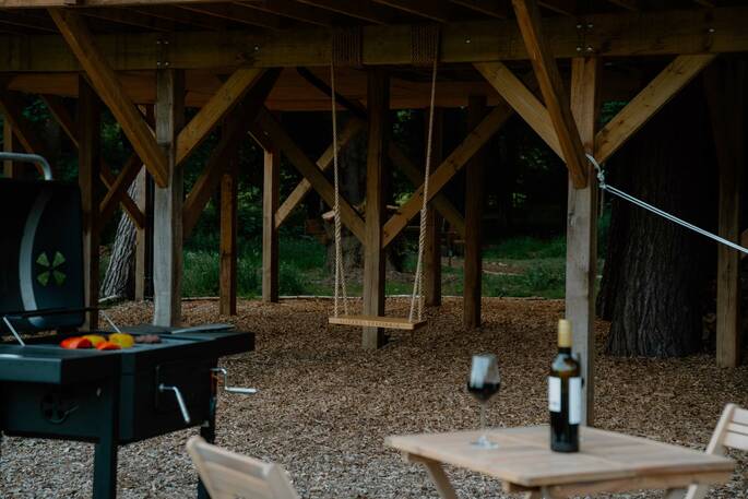 Swing and hammock under the treehouse