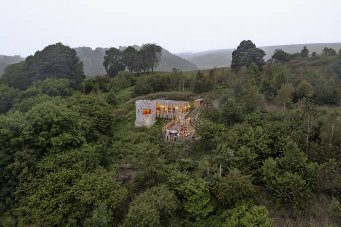 Aerial view of the fort between the trees